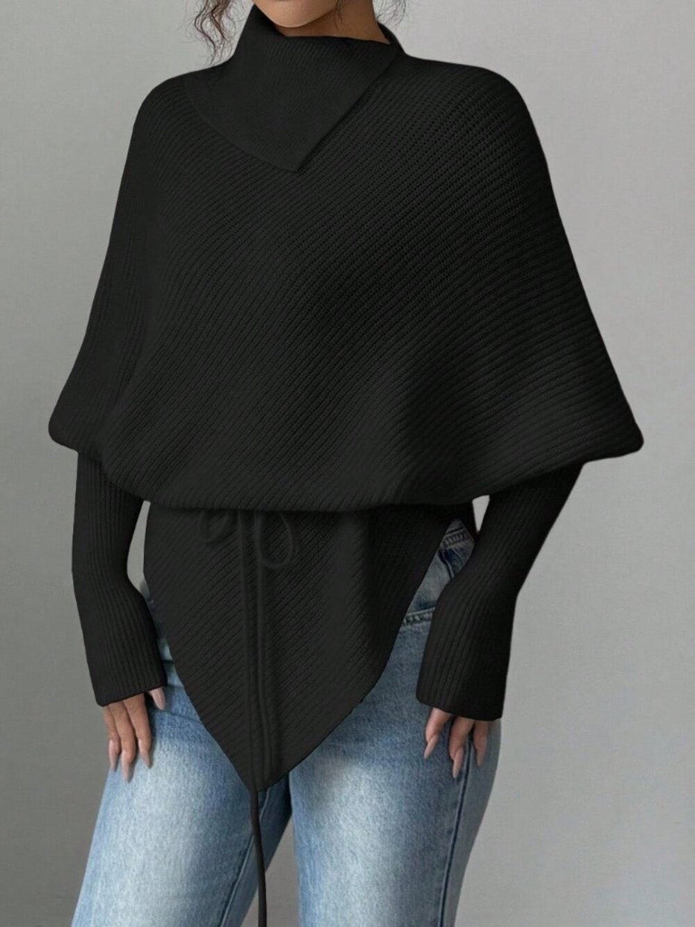 Black Casual Women's High Neck Batwing Sleeve Asymmetrical Hem Sweater - Picture 4 of 5